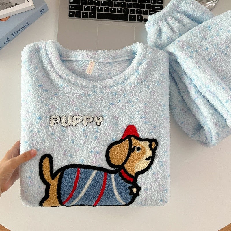 2pcs/Set Pajamas Korean Cute Dog Thickened Warm Fall And Winter Women's Pajamas Long-Sleeved Long Pants Set Sweet New Sleepwear