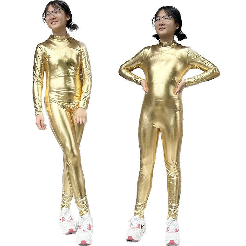 Kids Shiny Full Body Zentai Suit Metallic Tight Jumpsuit Halloween Cosplay Stage Performance Costume for Girls Boys