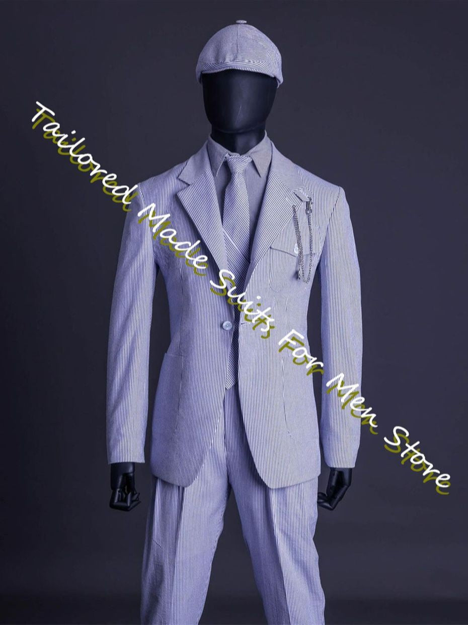 Summer Men'S Blazer Pink Seersucker Prom Dresses Slim Fit Men'S Suit Male Set 2 Pieces High Quality Luxury Jackets Trousers
