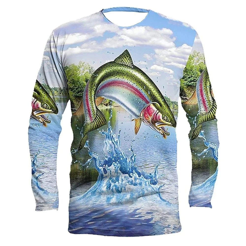 Men's Fishing 3D Printed Long Sleeve T-Shirt - Crew Neck Retro Casual Wear, Ideal for Autumn Leisure & Outdoor Activities
