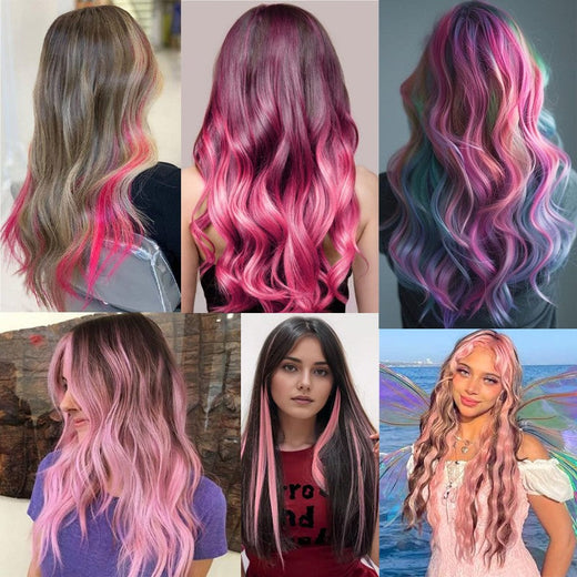 10 Pcs Synthetic Pink hair extensions 22 Inch Straight colored hair colorful clip Highlight Party for Kids and Women Gift