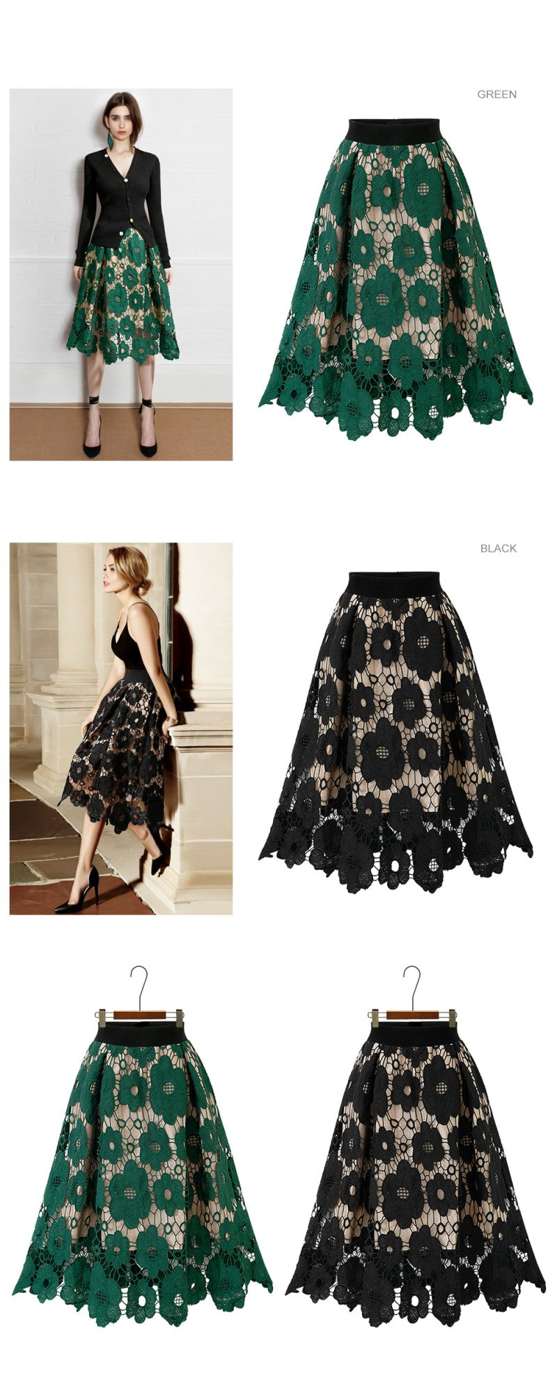 Summer Boho Lace Skirts Women Vintage Mesh Hollow Out Plus Size Skirt Elastic Waist Elegant A-Line Midi Saias Black Red Green