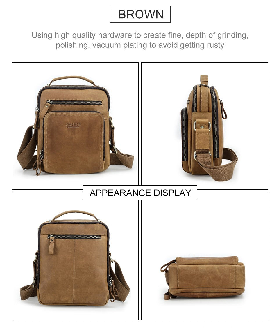 CONTACT'S Crazy Horse Leather Men's Shoulder Bag Vintage Messenger Bags Men Bolsos Male Crossbody Bags Man's Handbag Sling Bag