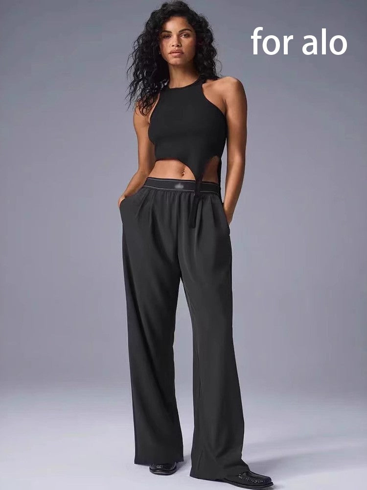 for aIo New Women's Sports Yoga Pants Wide Leg Quick Dry Elastic Waist Straight Trousers Fitness Casual Solid Black Summer Wear