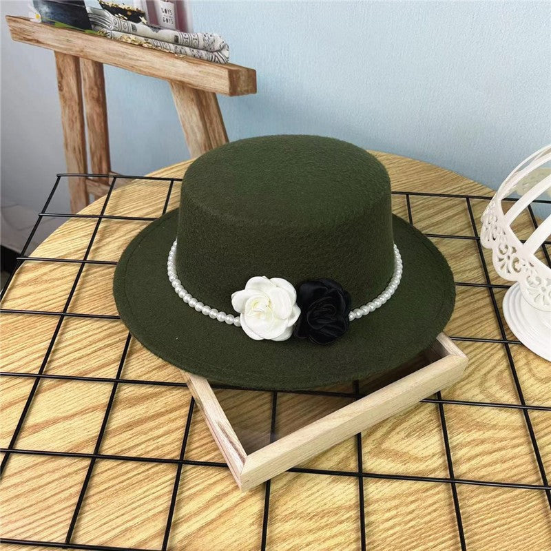 Women's Floral Chain Fedora High Fashion with Pearl Pins Bump Cap Black White Autumen Winter Ladies Fedoras Wide Brim Girl Hat