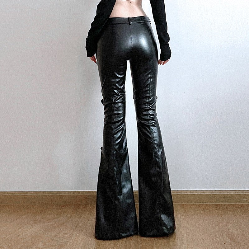 PU Leather Flare Pant Goth Buckle Lace Patchwork Pants Women Fashion Y2K Streetwear Vintage Aesthetics Casual Pants Trousers