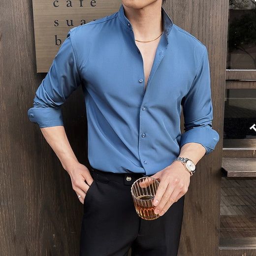 2025 Spring New Chinese Style High End Stand Up Collar Shirt Men's Long Sleeve Elastic Slimming Top Social Dress Shirt