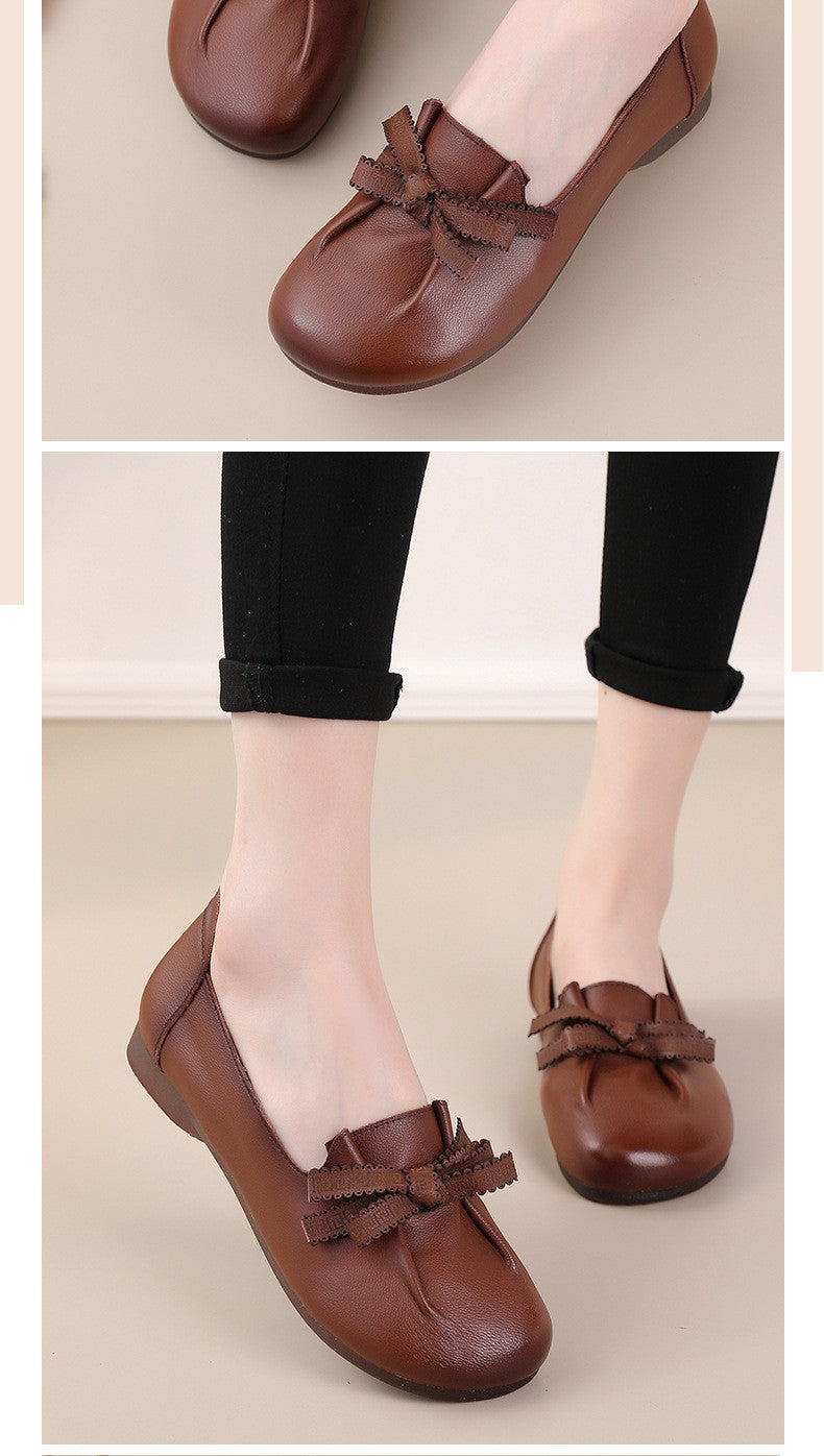 Vintage Plain Oxfords Shoes Women's Genuine Leather Flats Ladies Laced Up Moccasins Elderly Woman Square Toe Driving Loaferss