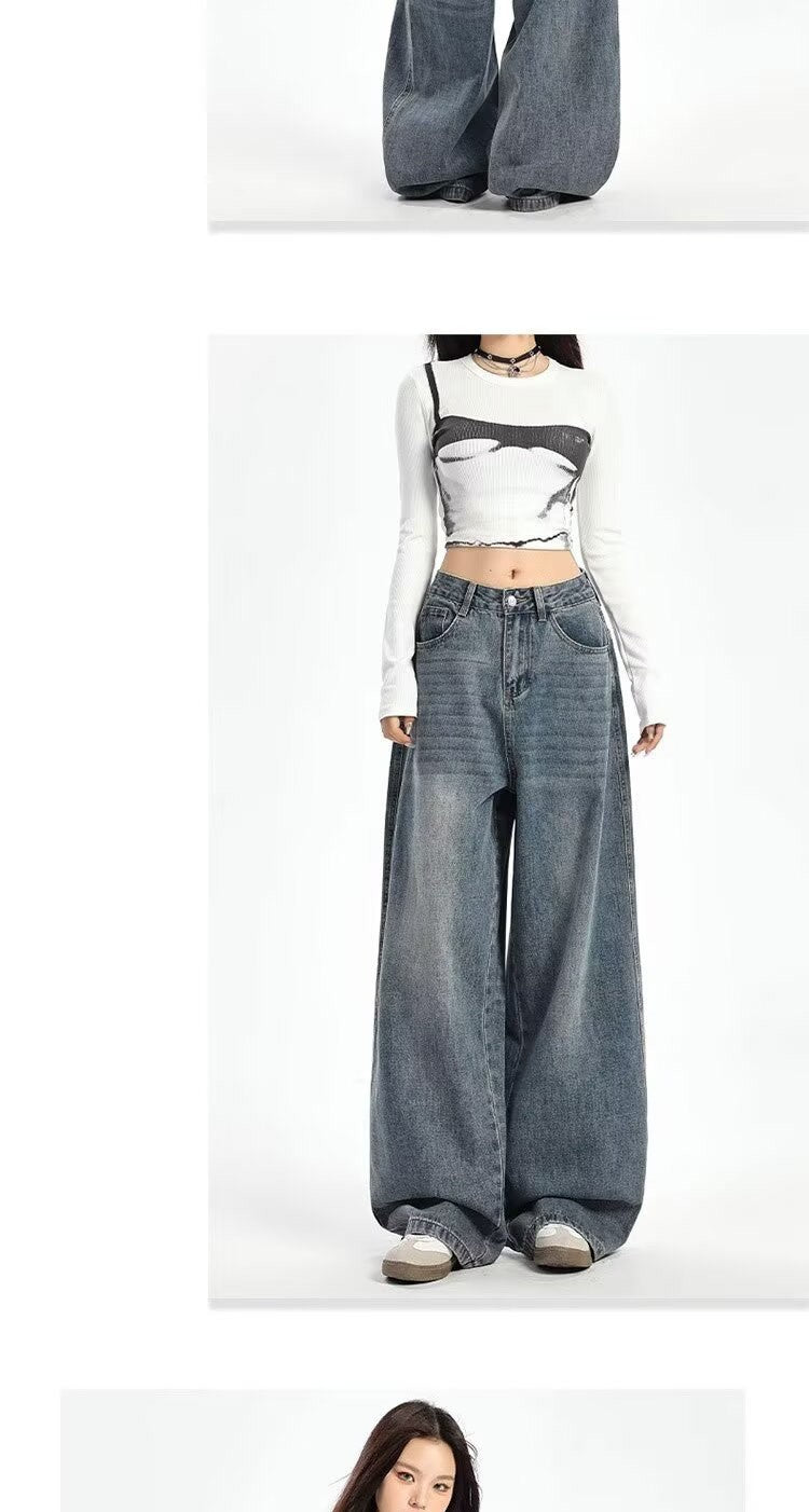 Retro High Waist Wide Leg Jeans Women Summer New plus Size Loose Slimming Pear ape Straight Leg Pants Casual Waed Blue