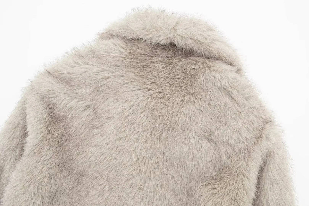 HH 2025 Vintage Women Cropped Faux Fur Jacket Long Sleeve Turn-Down Collar Female Plush Wool Coats Chic Lady Fur Outerwear