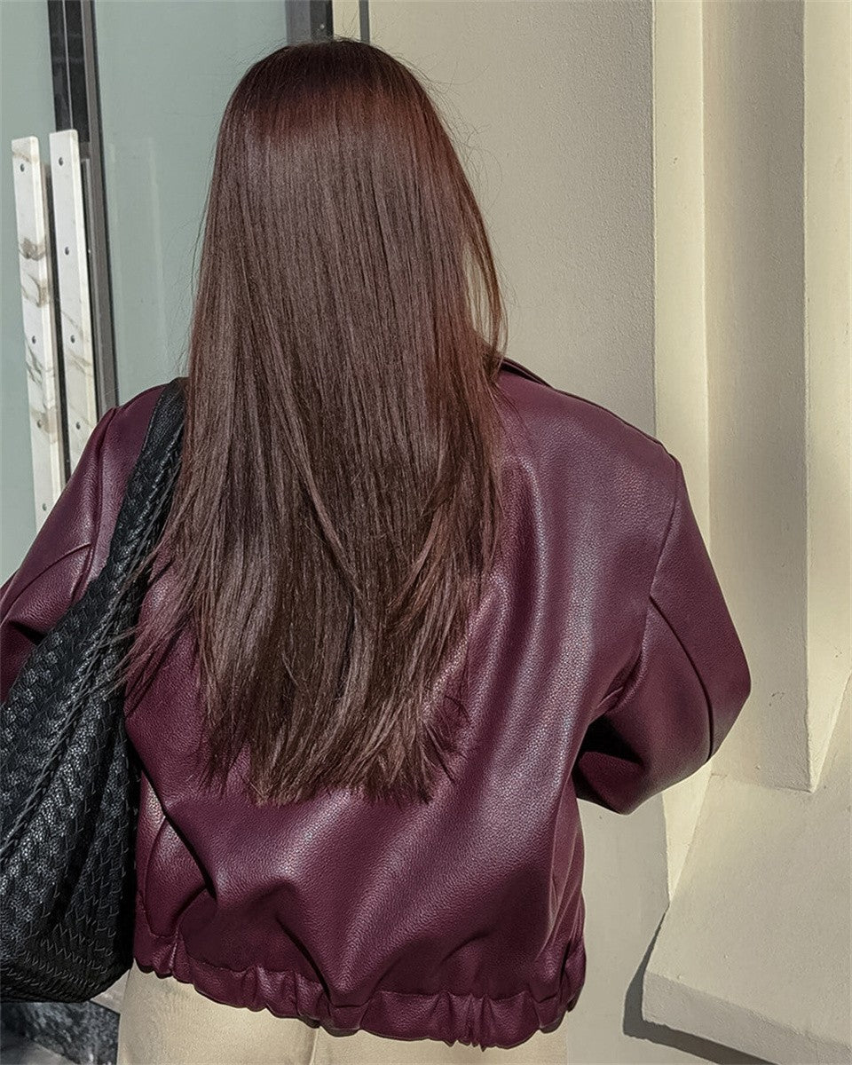 Women Vintage Wine Red Faux Leather Jakcet Fashion Outerwear Zipper Lapel Pu Coats Autumn Winter Streetwear Ladies Short Tops