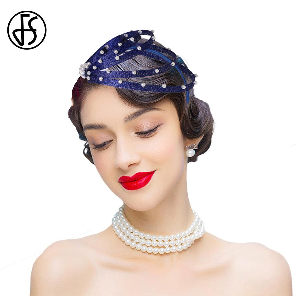 Royal Blue Fascinator Hat with Faux Pearls - Elegant Wedding Headdress, Derby Hats for Women, Cocktail Tea Party Church Events