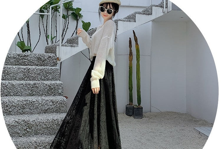 Plus Size plus Size Lace Hollow out f Skirt mid Waist Long Sle Fairy Skirt A-Line Umbrella Skirt Trendy Women's Clothing