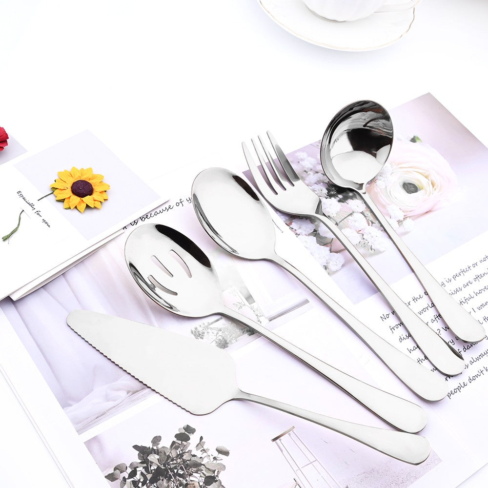 Drmfiy 5/7Pcs Black Cutlery Serving Utensils Dinnerware Set Buffet Catering Flatware Serving Colander Spoons Fork Silverware Set