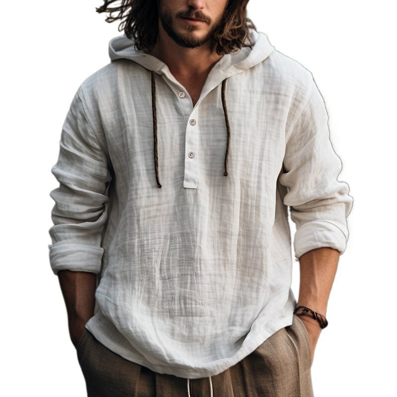 Casual Hood T Shirt Cotton Linen Flax Blouse Tee Tops Long Sleeves Men Holiday Beach Spring Solid Plain Tunic Loose Hoodie Shirt