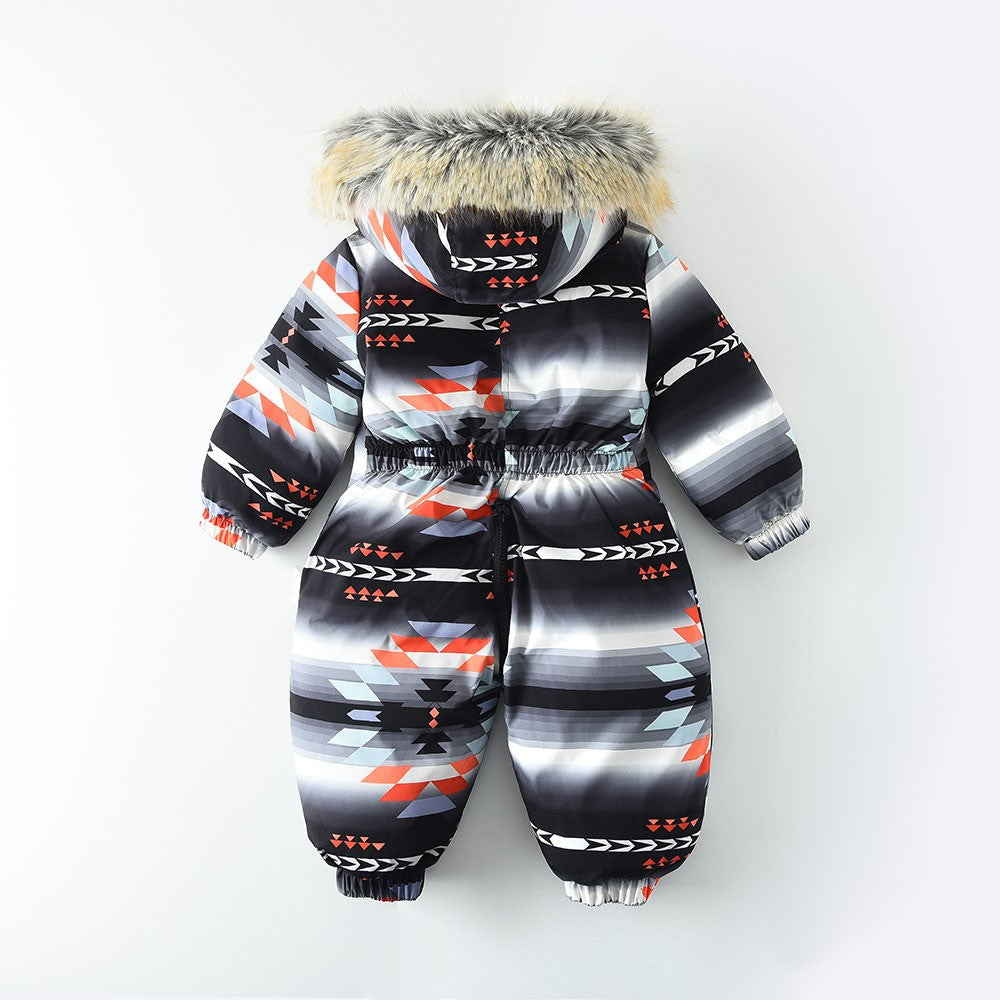 YBFSKID Kids Boys Winter Rompers Geometric Pattern Plush Thick Toddler Baby Boys Ski Suit Fur Collar Little Boys Jumpsuit Outfit