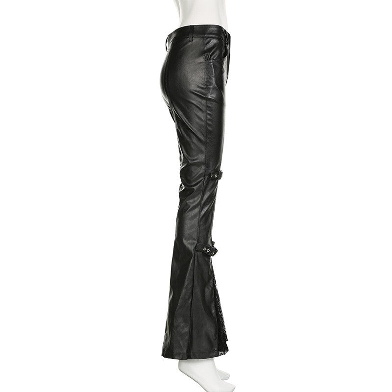 PU Leather Flare Pant Goth Buckle Lace Patchwork Pants Women Fashion Y2K Streetwear Vintage Aesthetics Casual Pants Trousers