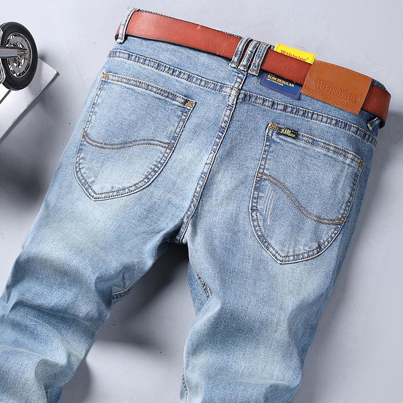 Spring Autumn Business Men Jeans Casual Straight Stretch Fashion Classic Black Sky Blue Grey Work Denim Trousers Brand Clothing