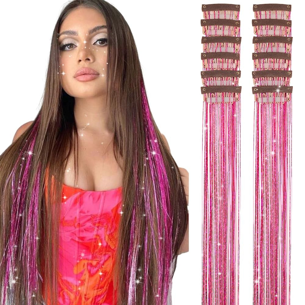 6Pcs 50cm Sparking Shiny Hair Tinsel Hair Extensions Tinsel Synthetic Hair Clip Extensions Women for Braiding Headdress