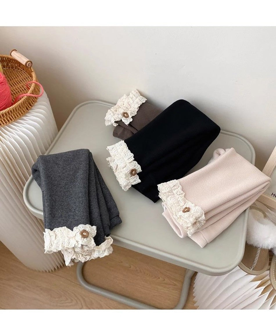 Girls Fleece Lined Leggings Children Fashion Lace Trim Slim Fit Thermal Pants Kids Winter Warm Outwear Casual Clothes