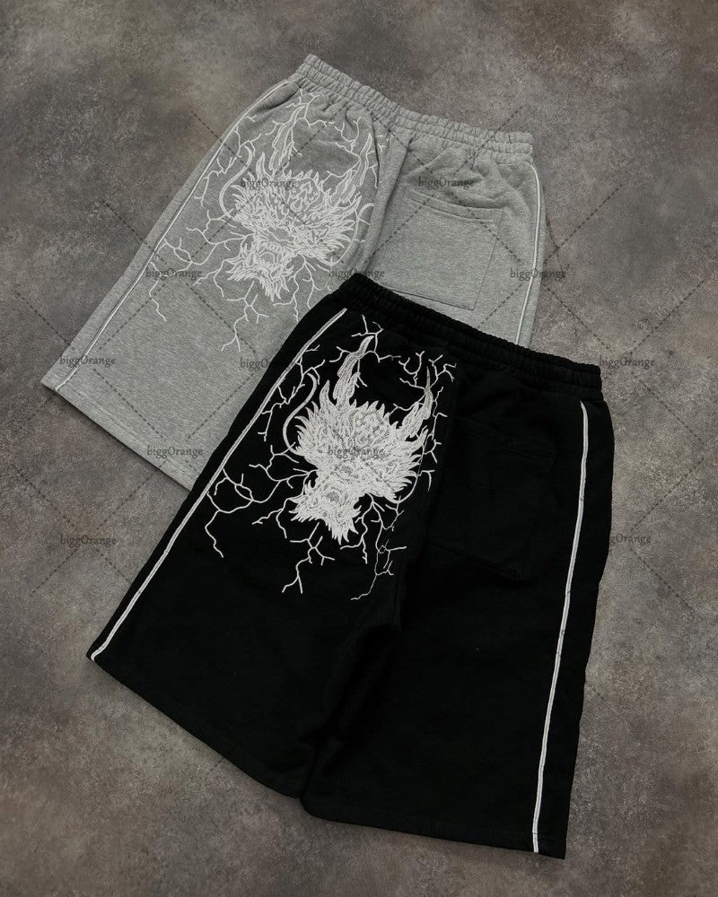 American Hip-hop Dragon Head Striped Casual Loose Shorts Men 2025 High Street Retro Punk Fashion Oversized Straight Pants Women