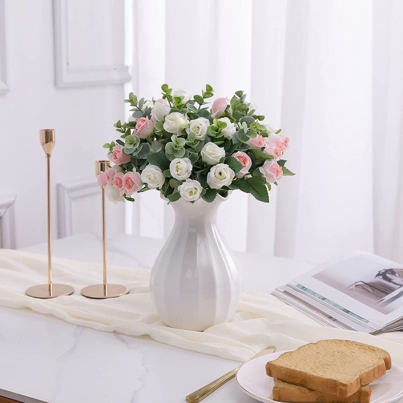 10 Heads pink Artificial Silk Rose Flowers Fake White Eucalyptus Peony Flower Bouquet, for Home Wedding Party Garden Decoration