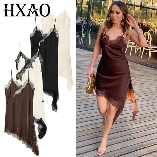 HXAO Womens Dresses Lace Asymmetric Slip Dress Summer 2025 Sexy Evening Dresses Ladies Mini Brown Sleeveless Backless Vestidos