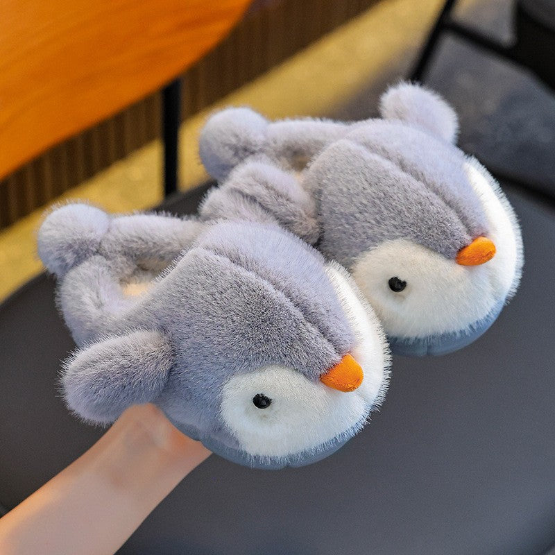 Cute Penguin Boys' Girls' Cotton Slippers 2025 New Winter Fashion Children's Eva Cotton Shoes Non Slip Warm Velvet Home Slippers