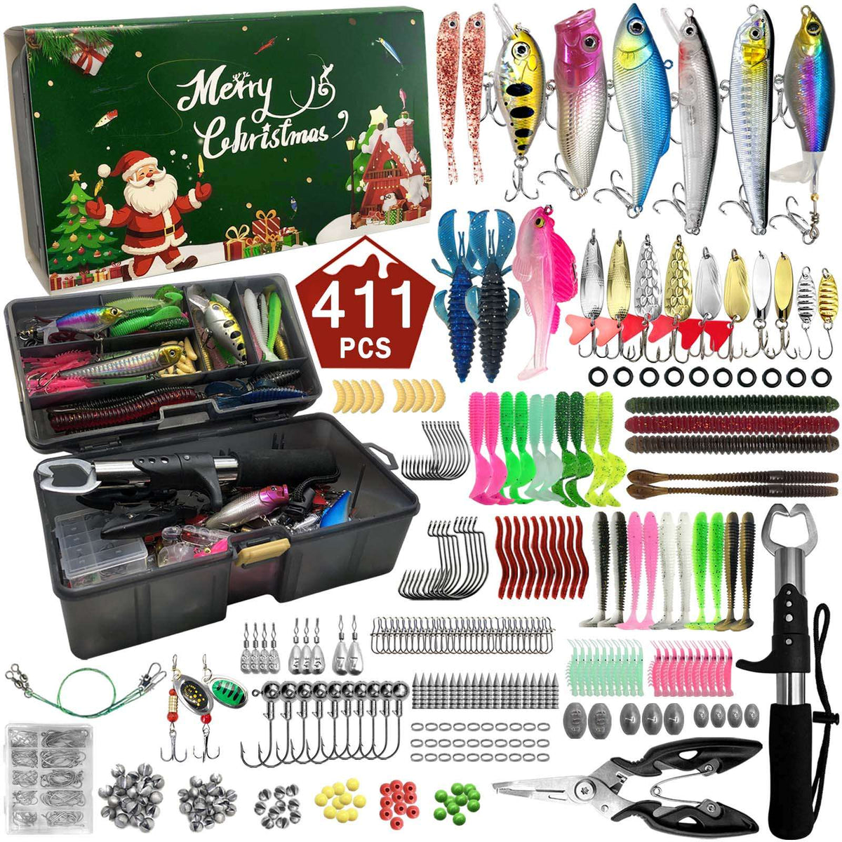 411/366/136/86Pcs of Christmas fishing lure set with storage box, which is common in salt water and fresh water