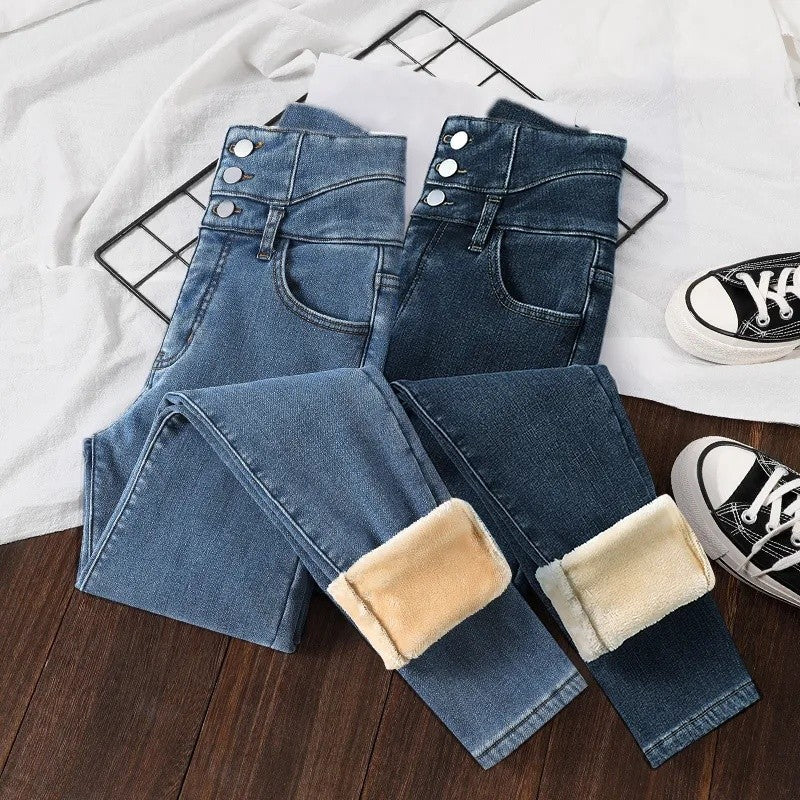 Winter Thick Velvet Women High Waist Skinny Jeans Simple Fleece Warm Slim Fit Stretch Ladies Casual Slim Denim Pencil Pants Y2K