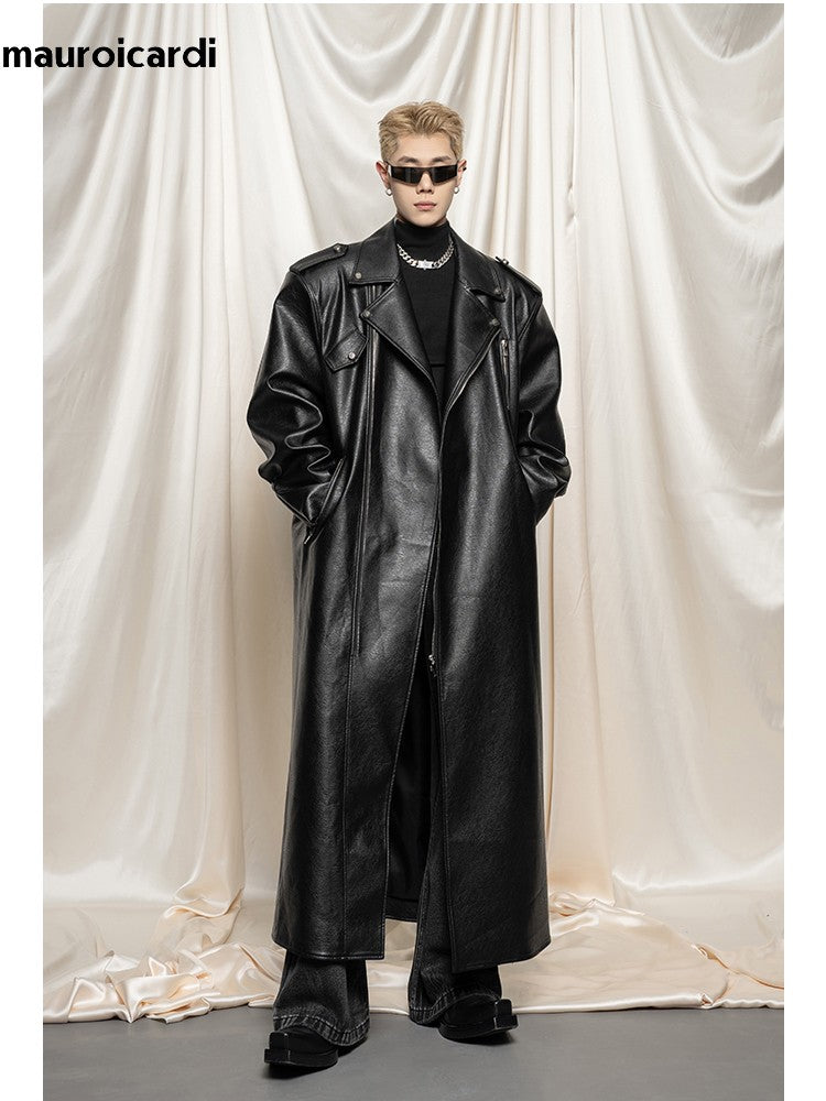Mauroicardi Spring Autumn Oversized Cool Extra Long Black Pu Leather Trench Coat Men Zipper Loose Luxury European Fashion 2023