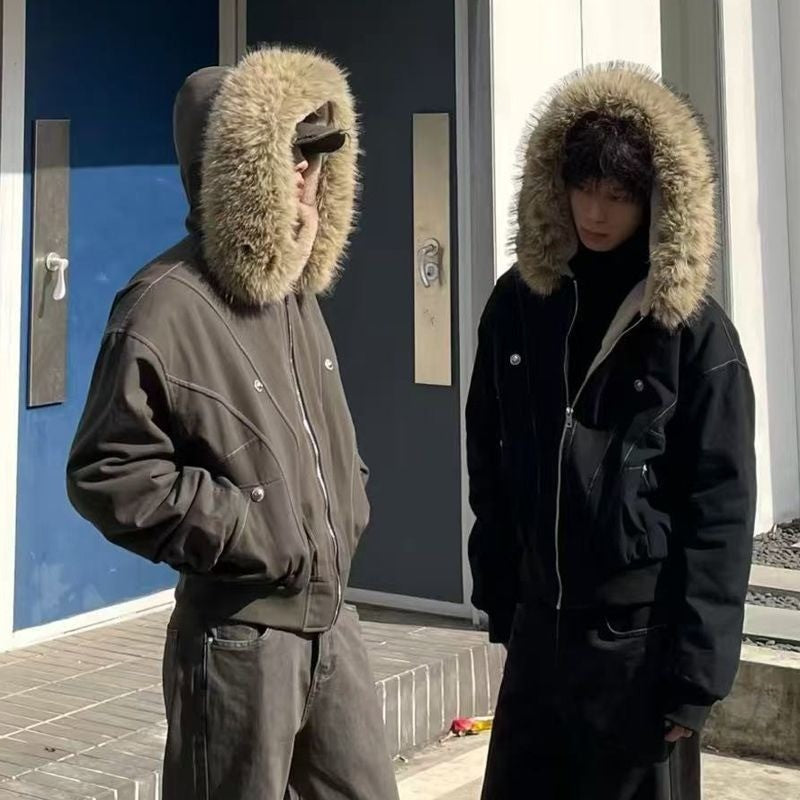 American Street Fur Collar Zipper Hooded Jacket Women Autumn Winter Retro New Velvet Thickened Warm Fashion Loose Casual Jacket