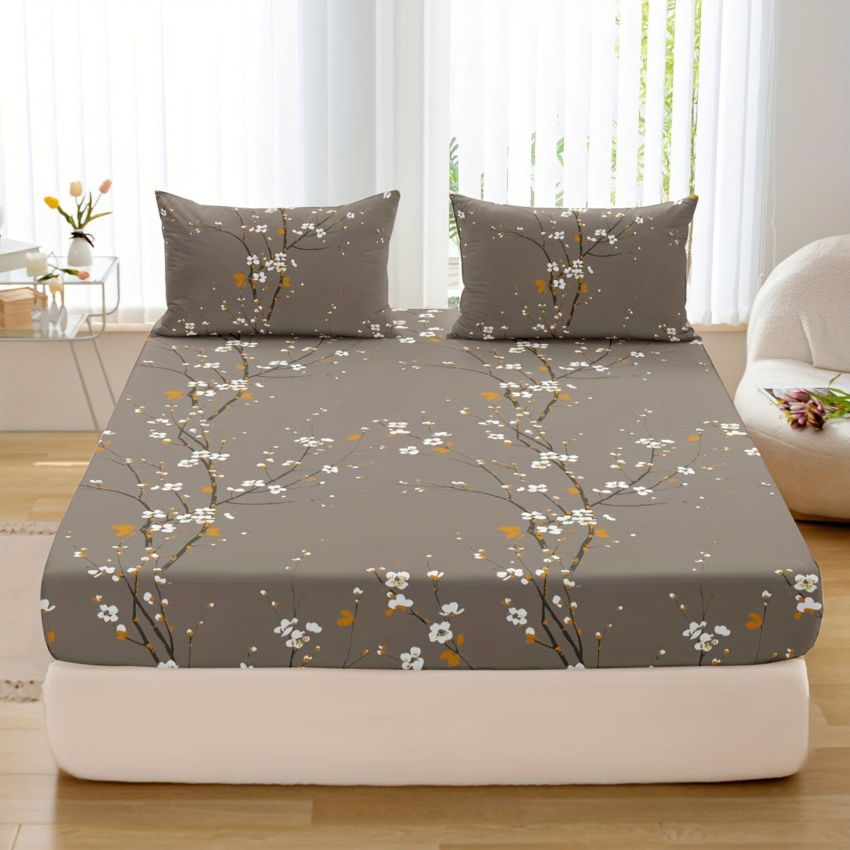3pcs Printed Pattern Fitted Sheet Set, (1* Fitted Sheet + 2* Pillowcases, Without Core)