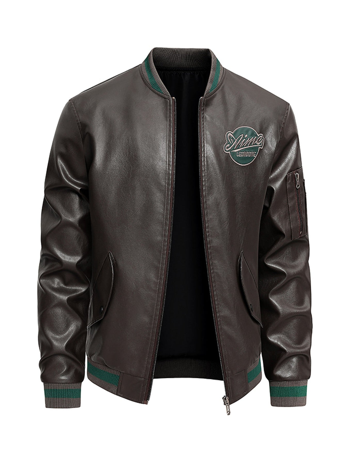 Men'S Baseball Jacket - Windproof Warm Coat with Zipper Closure, Brown & Green Accent Jacket, Non-Stretch Shell for Casual Outer