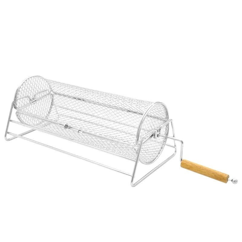 1 Rotating BBQ Grill Basket - Stainless Steel Mesh Roasting Cage with Handle, Portable Rolling Grill for Camping & Picnics