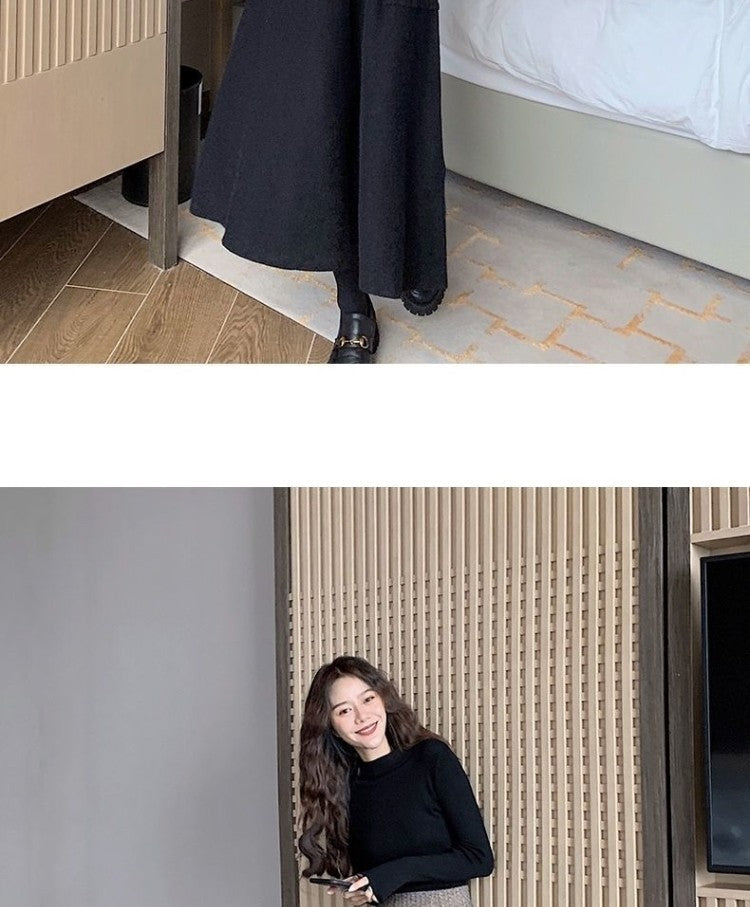 Autumn Winter Women's Mid-Length Knitted Pleated Skirt High Waist A-Line Long Skirt Loose Fuzzy Wool Skirt Double ket