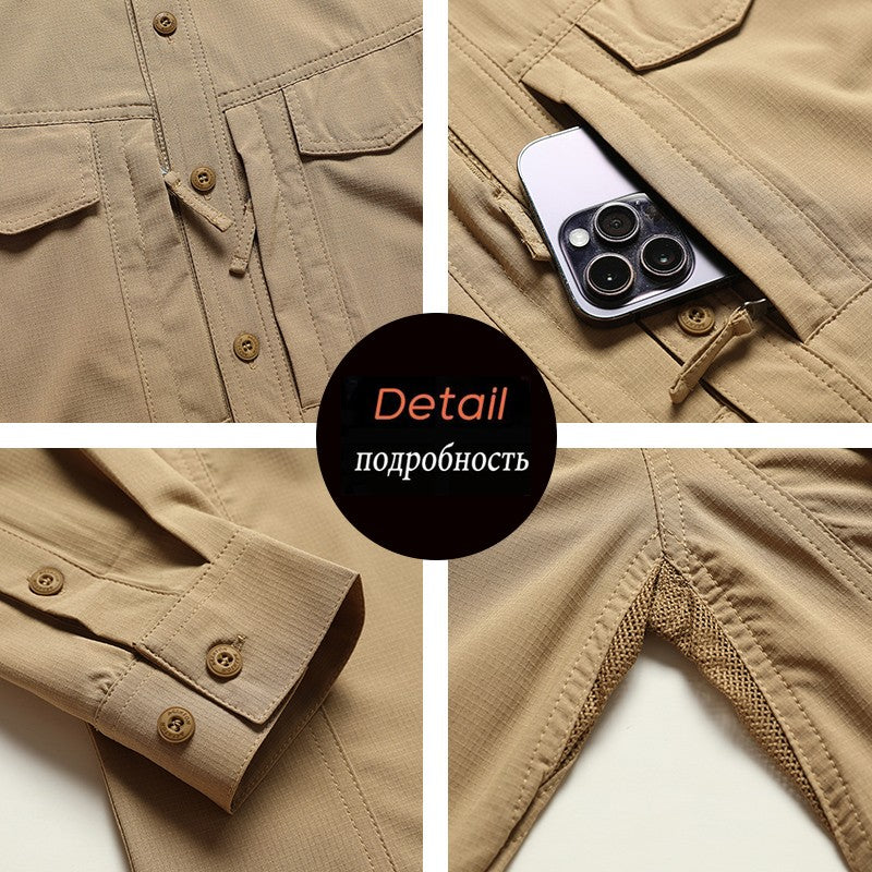 Summer Men Long Sleeve Cargo Breathable Shirt Mens Casual Tactic Military Shirts Men Multi Pocket Outdoor Hike Safari Work Shirt