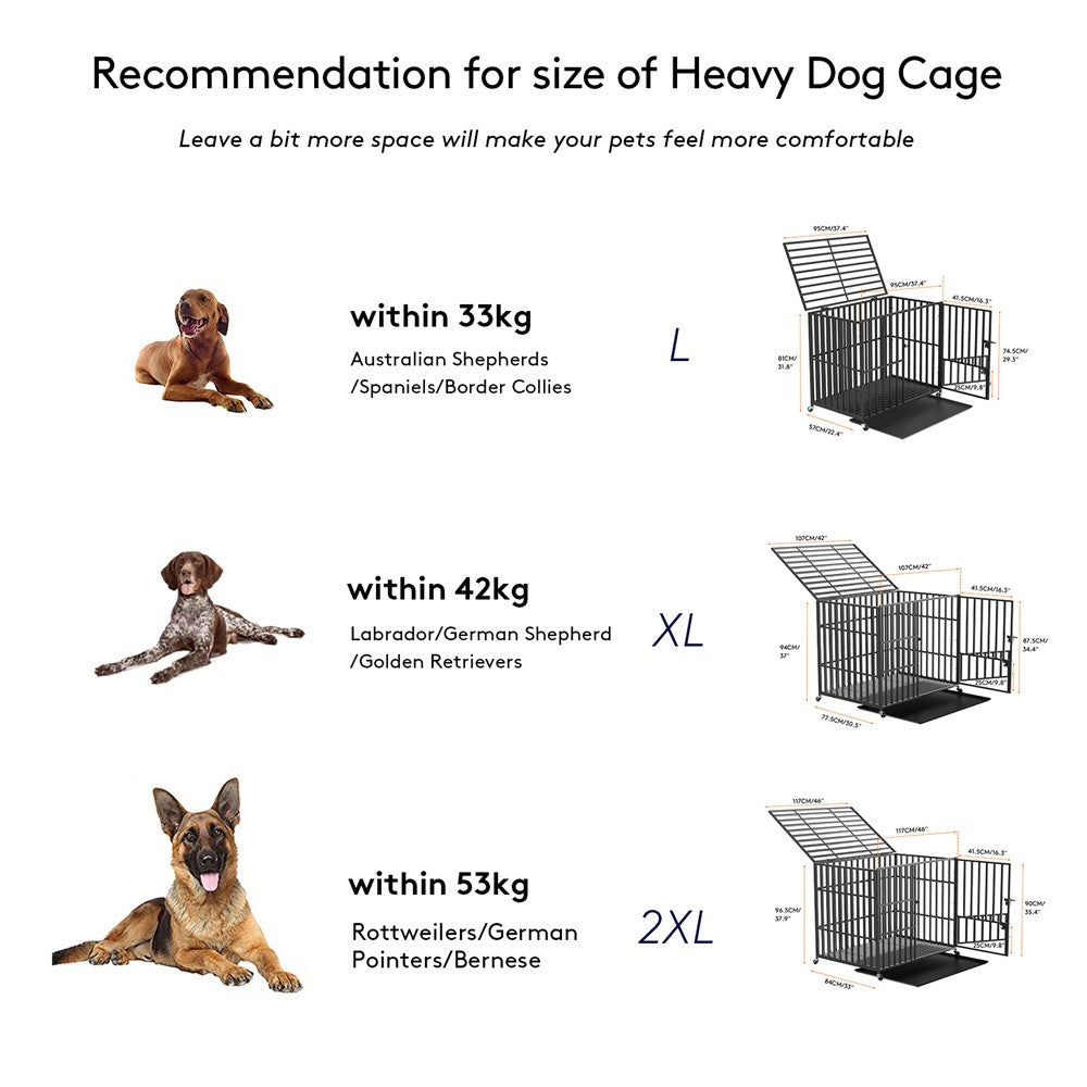 XXL Large Heavy Duty Dog Crate Strong Pet Cage Tear Resistant Square Tube Metal Kennel Playpen with Lockable Wheels and Tray