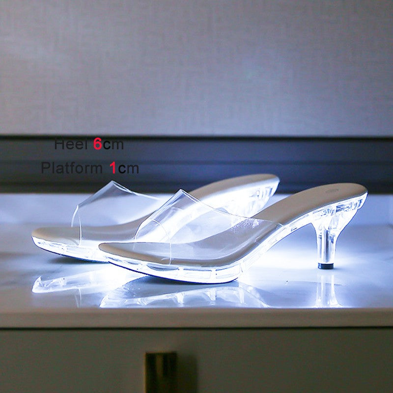 LED luminescent Sandals 6CM Kitten Heel Summer Fashion Nightclub Transparent Crystal Car Model Clear High Heels Girls Party Shoe