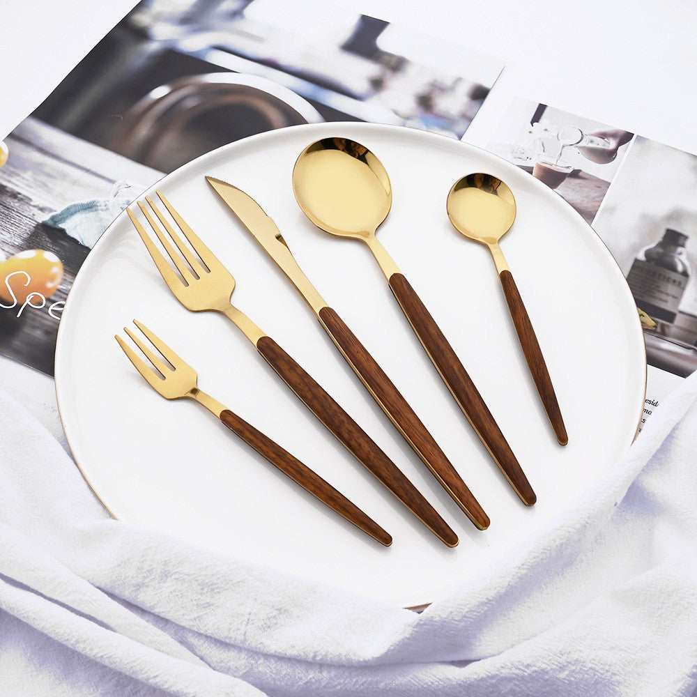 16/24/36Pcs Dinnerware Set Stainless Steel Imitation Wooden Handle Clamp Western Knife Fork Spoon Cutlery Tableware Silverware