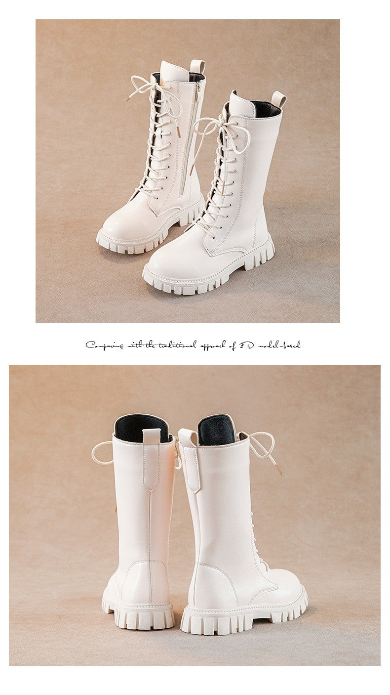 2025 Autumn/Winter Fashion Cool Baby Girls Warm Square Heel Round Toe Casual Lace-Up Comfortable Kids Black Mid Boots