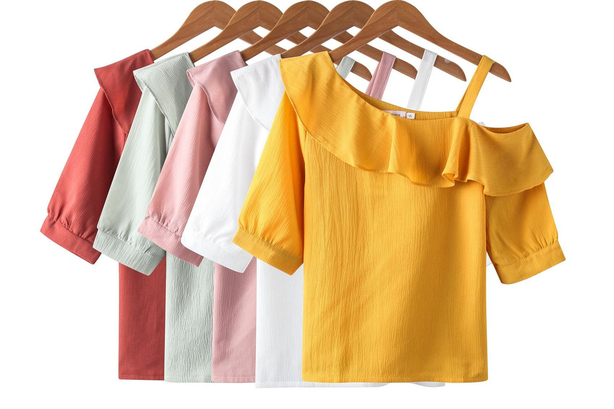 Women's Shirt Tops Fashion One-Shoulder Ruffles Short-sleeved Tops Chiffon Tops S-XXL