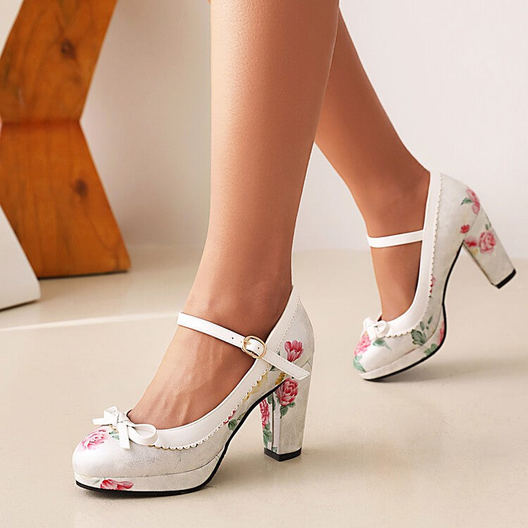 LIHUAMAO 2024 New design print flower Mary jane shoes platform pumps ankle strap round toe pumps party cosplay Ethnic style