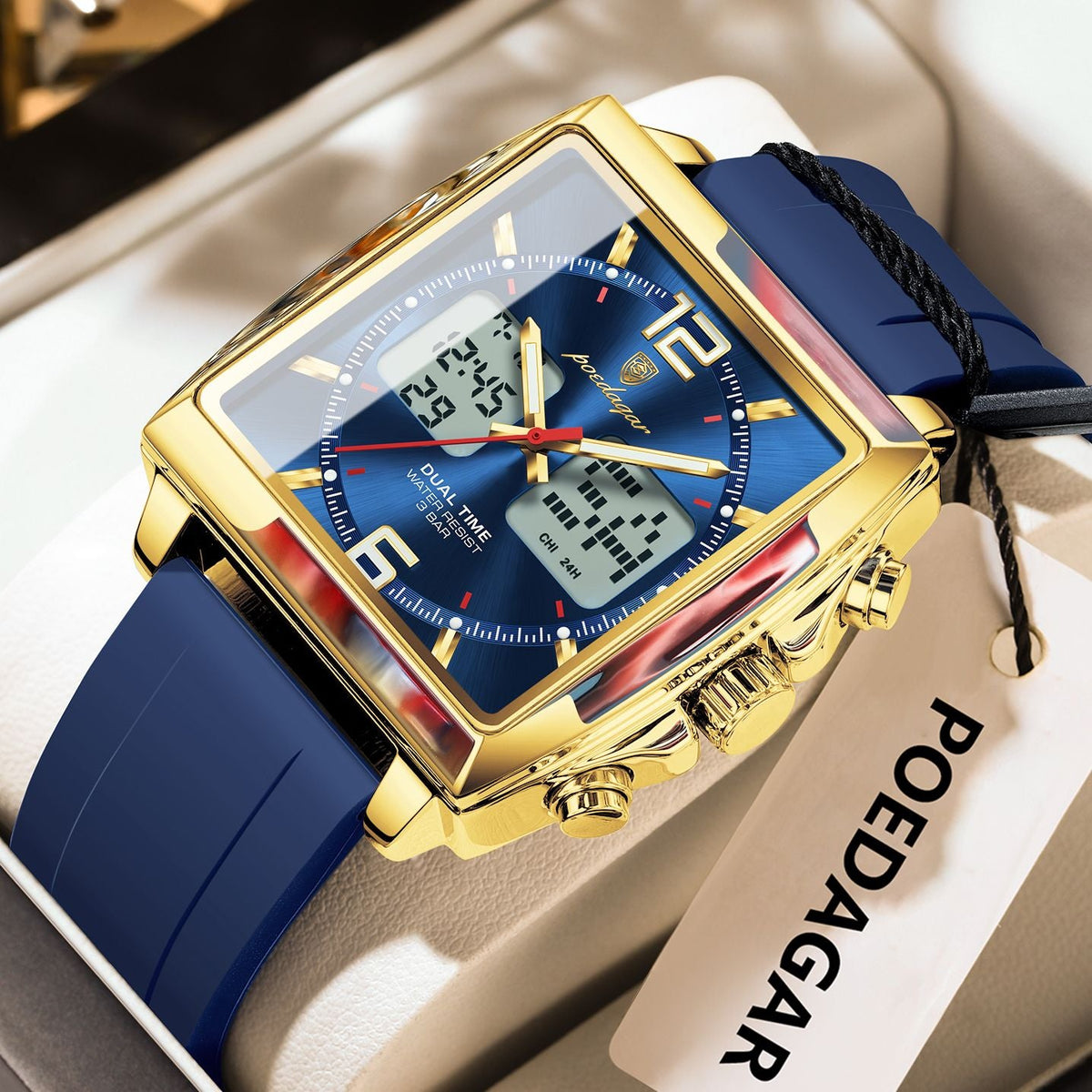 POEDAGAR Luxury Top Man Watch Electronic Square LED Alarm Chronograph Men's Watches Week Date Dual Time Display Men Quartz Clock