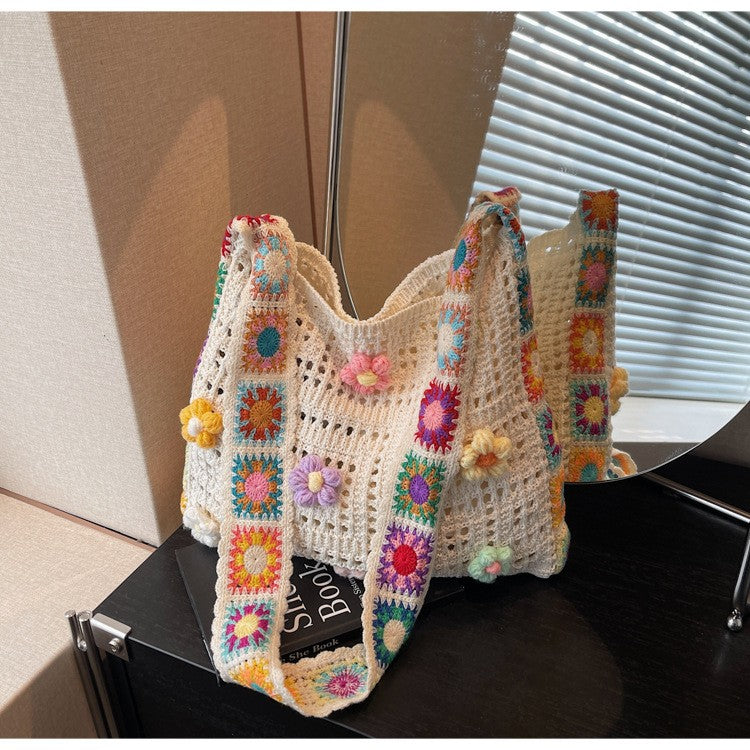 Women's Boho Crochet Bag Designer Flowers Knitted Handbags Large Capacity Summer Beach Woven Shoulder Bag Girls Tote Shopper Bag