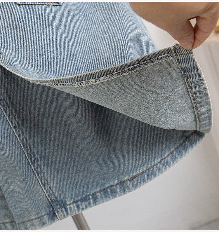 Plus Size Denim A Line Skirt With Lining 2024 Summer New Korean Fashion Pleated Midi Jean Skirt Woman Blue Color Jeans Skirts