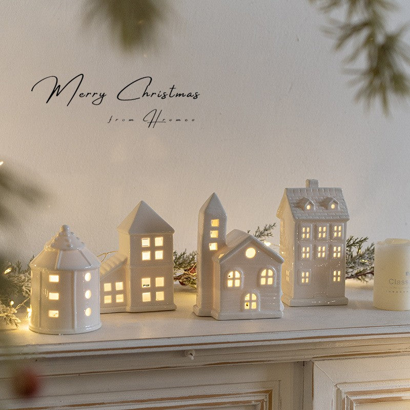 Glowing Ceramics Village House LED Light Up Porcelains Statue Figurine Festival Home Desktop Decors Christmas Ornament