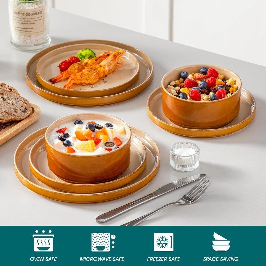 Ceramic Plates and Bowls Sets 12 Pieces Brown Dinnerware Sets for Kitchen Reactive Glaze Dishes Set for 4 Dishwasher and Microw