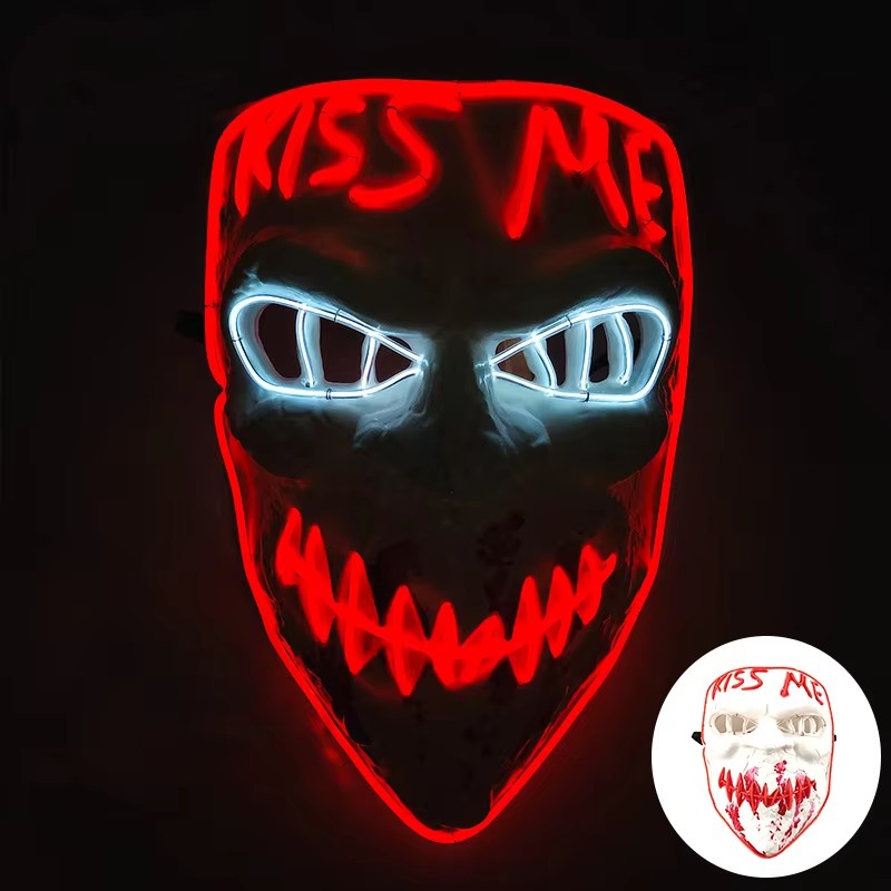 Wireless LED Neon Purge Mask & Fiber Optic Gloves, Scary Glow In Dark Mask for Halloween Carnival Cosplay Bar Birthday Party