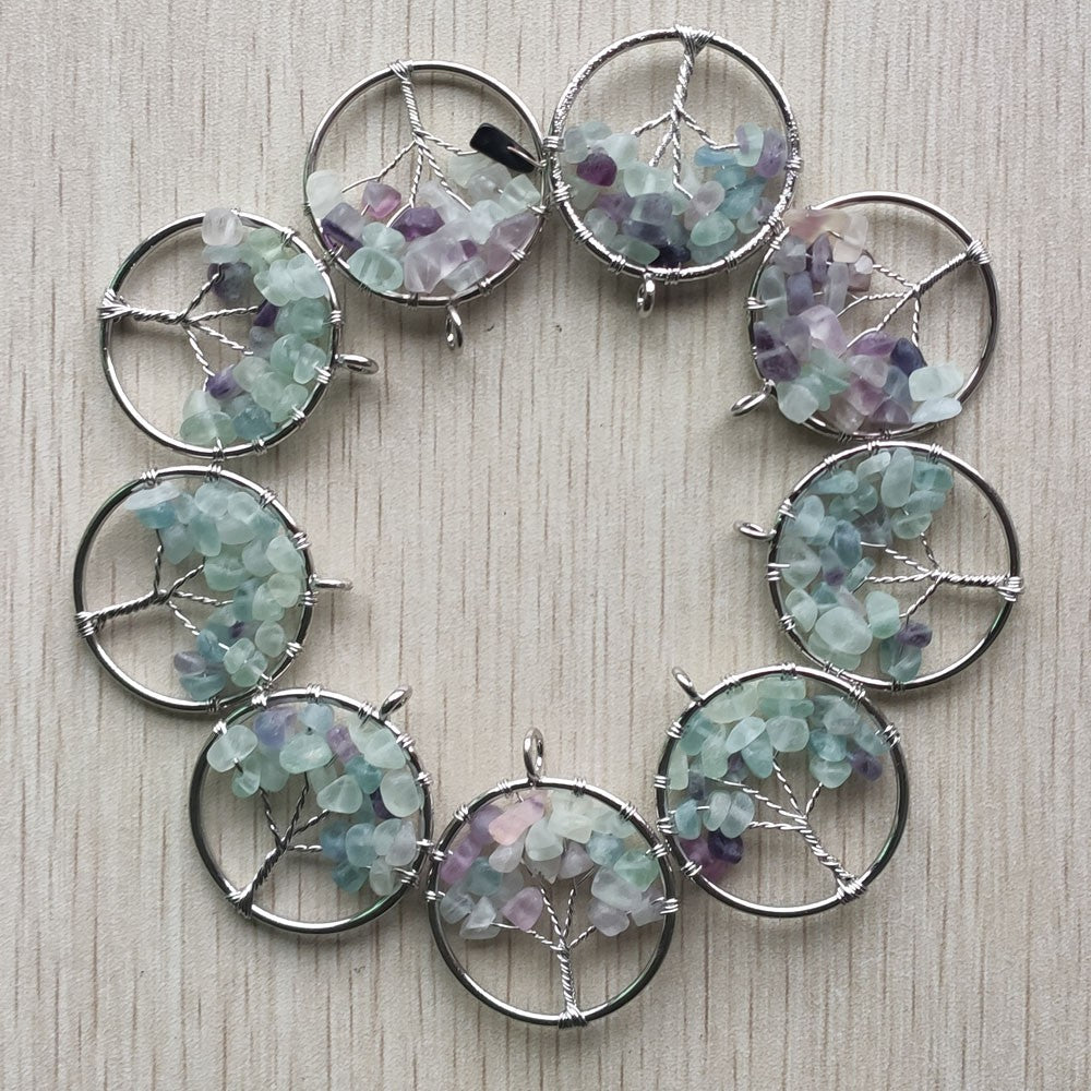 Natural Amethysts Roses Quartz Stone Handmade Wire Wrapped Tree of Life Pendants 30mm for Jewelry Marking Wholesale 12pcs/lot